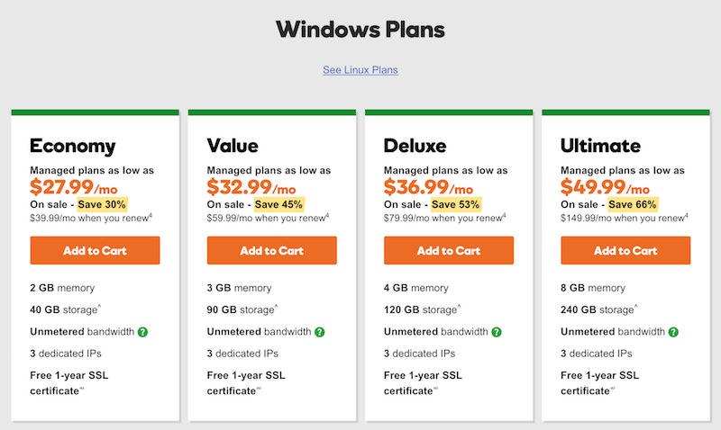 GoDaddy managed Windows VPS Plans